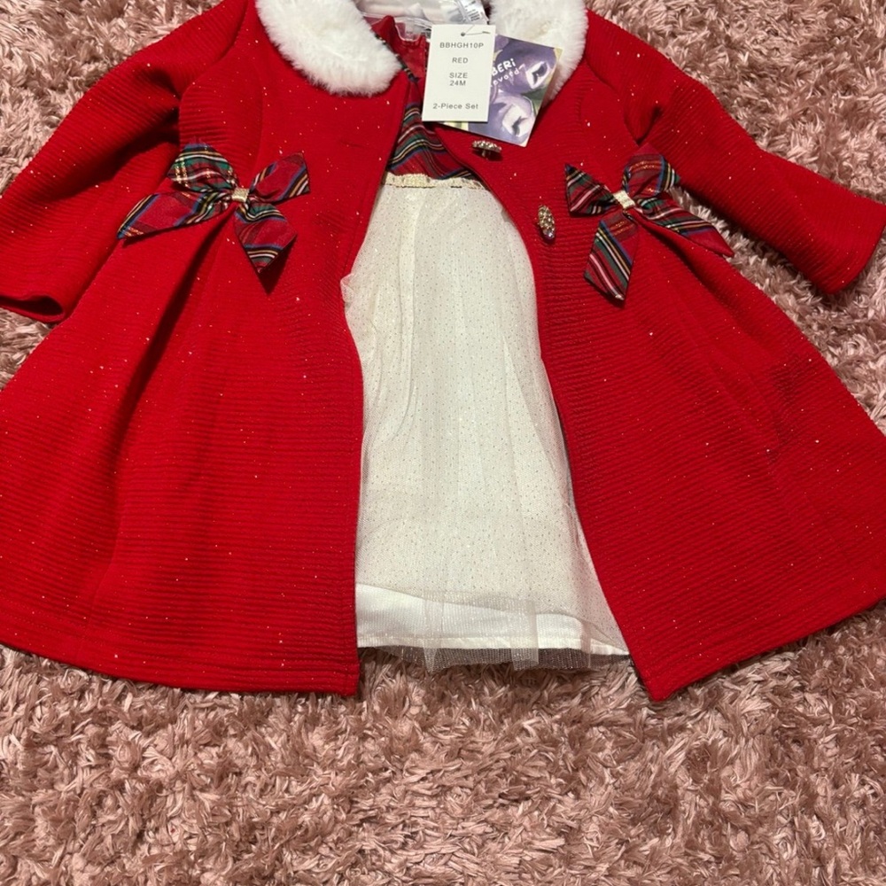 Elegant Red Kids Coat with White Fur Collar and Christmas dress